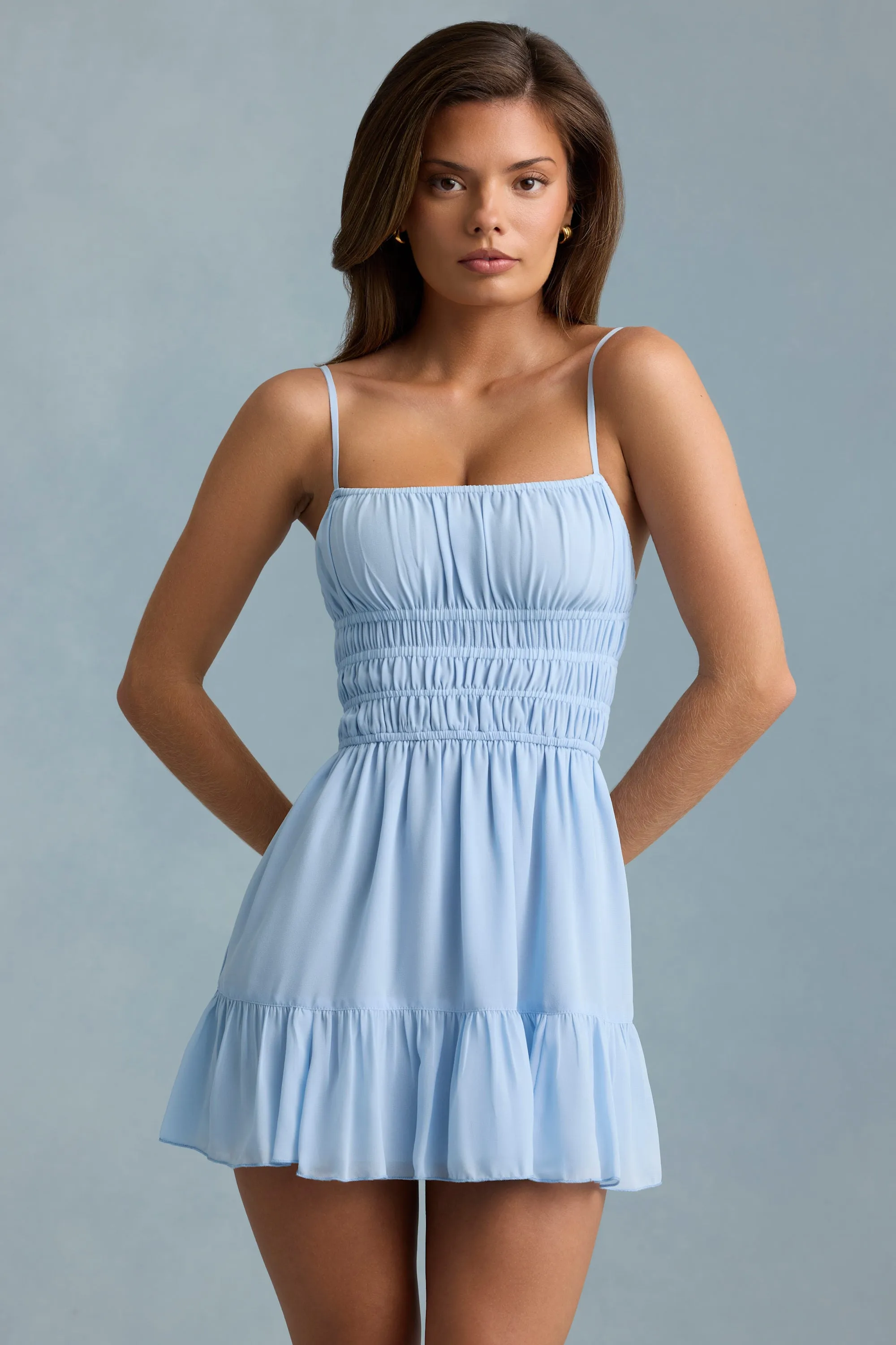 Shirred Camisole Mini Dress in Sky Blue sold by Oh Polly