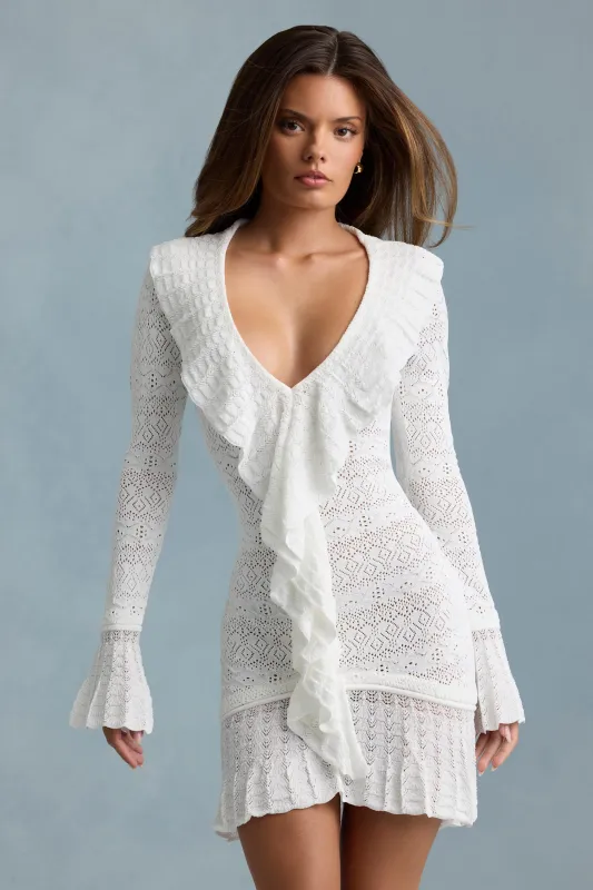 Ruffle-Trim Pointelle-Knit Mini Dress in White sold by Oh Polly