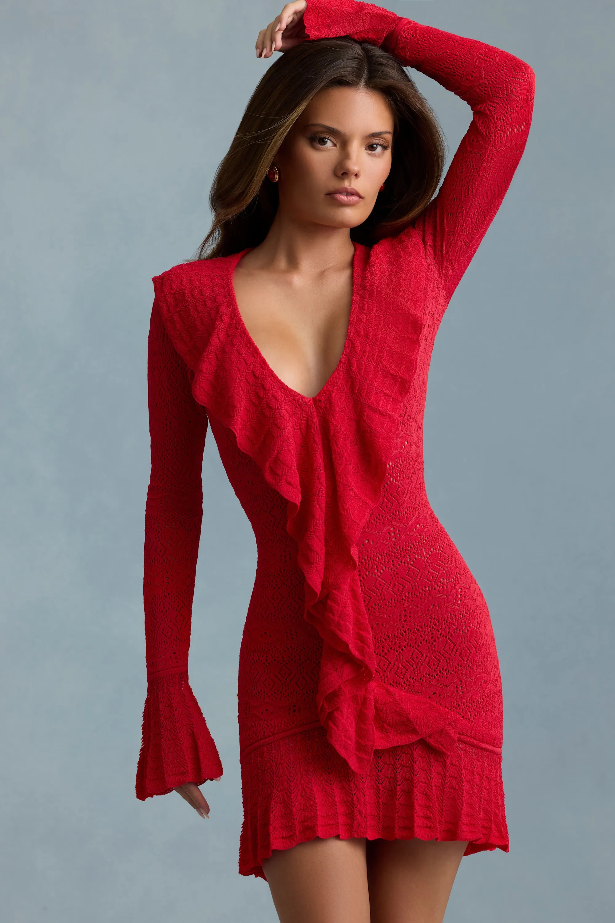 Ruffle-Trim Pointelle-Knit Mini Dress in Scarlet Red sold by Oh Polly product image thumbnail 5
