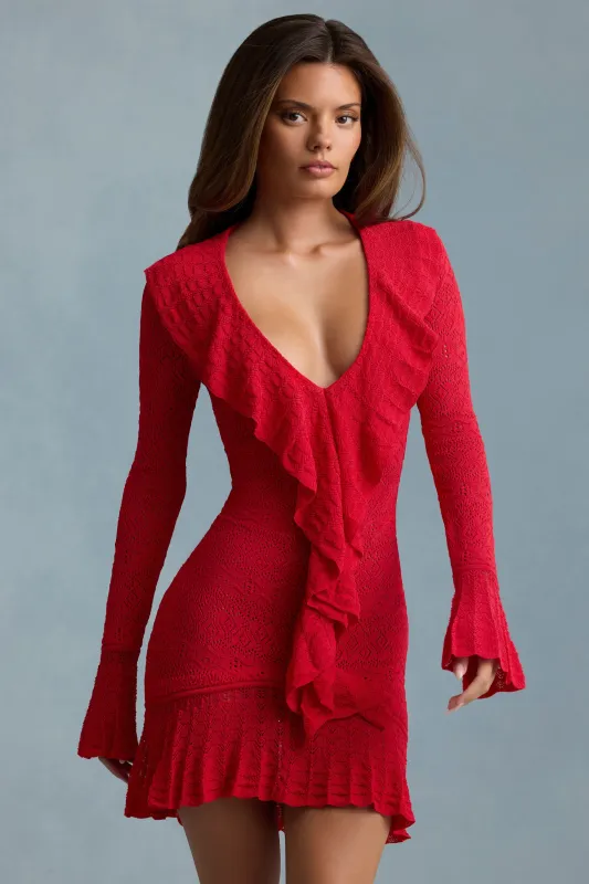 Ruffle-Trim Pointelle-Knit Mini Dress in Scarlet Red sold by Oh Polly