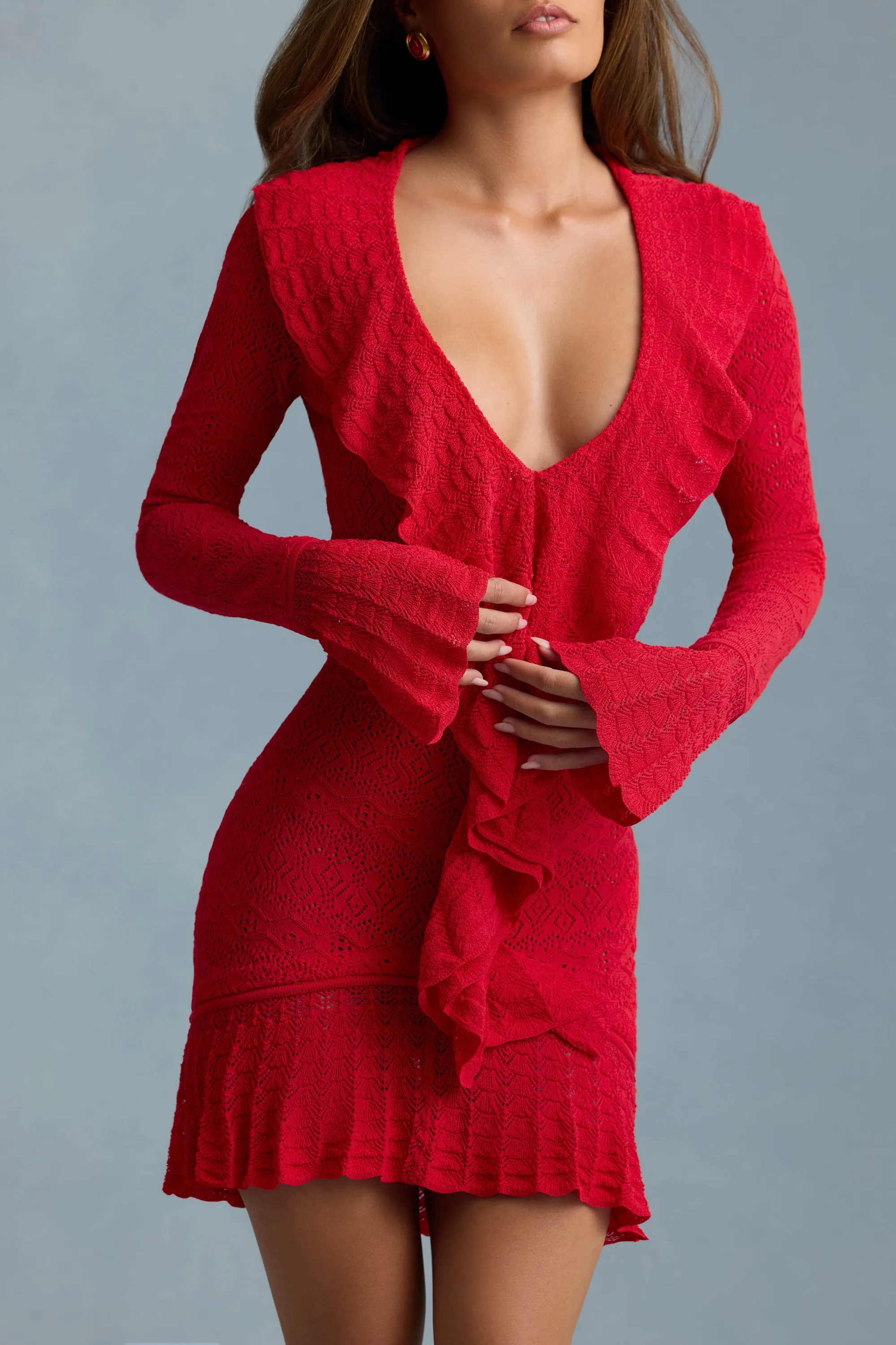 Ruffle-Trim Pointelle-Knit Mini Dress in Scarlet Red sold by Oh Polly product image thumbnail 4