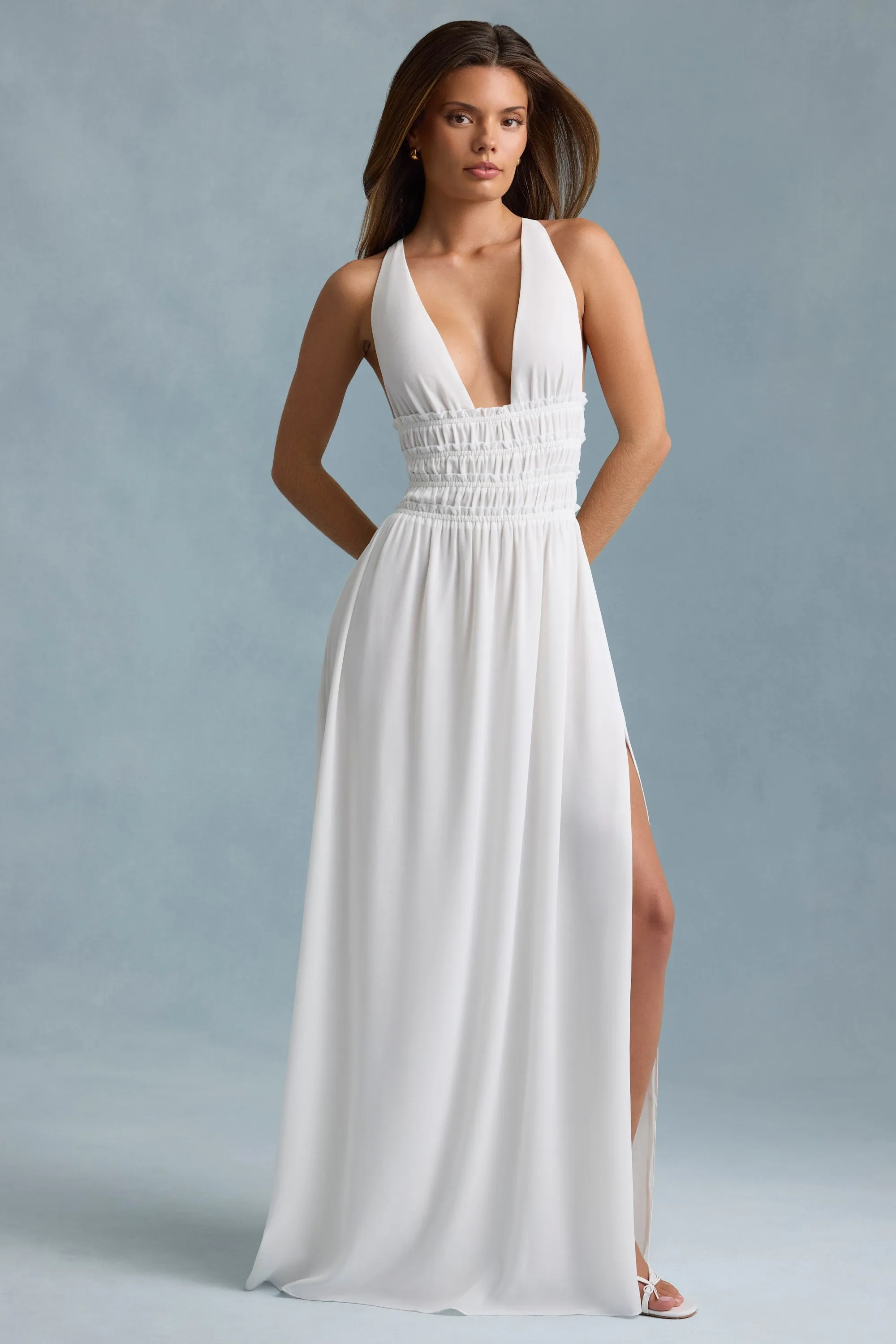 Plunge Cross-Back Maxi Dress in White sold by Oh Polly