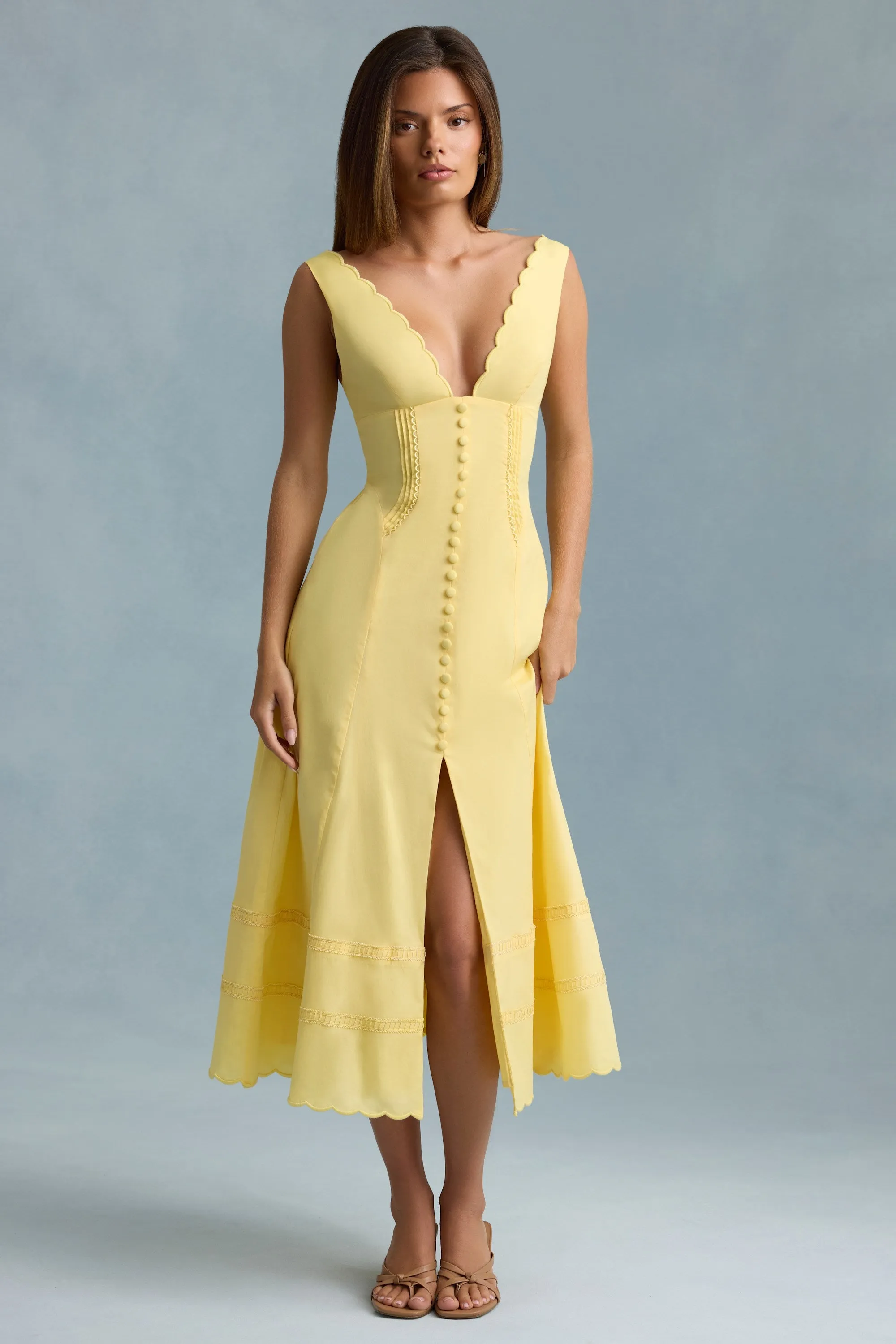 Cotton-Poplin A-Line Midaxi Dress in Pastel Yellow sold by Oh Polly