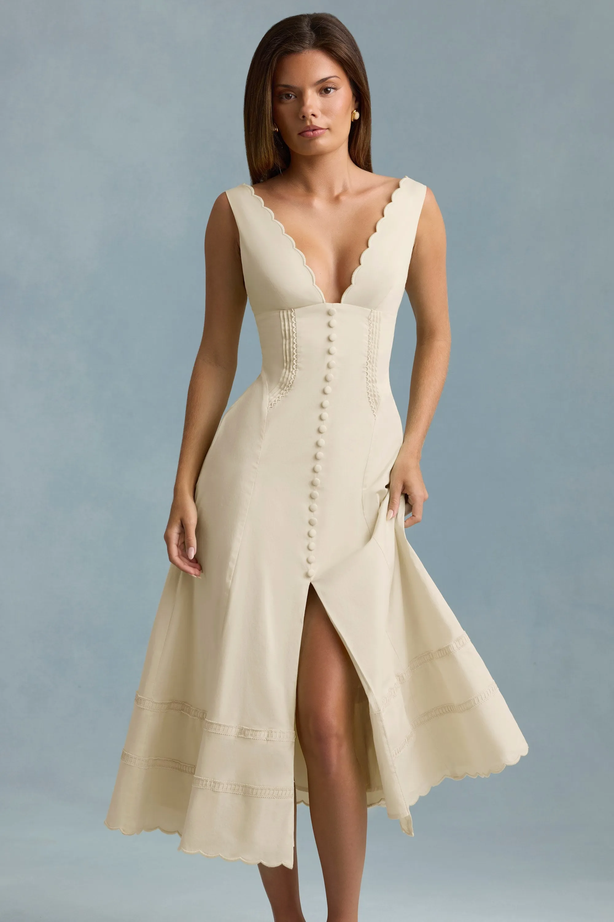 Cotton-Poplin A-Line Midaxi Dress in Ivory sold by Oh Polly product image thumbnail 5