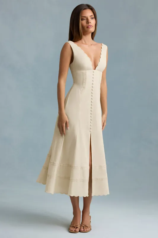 Cotton-Poplin A-Line Midaxi Dress in Ivory sold by Oh Polly