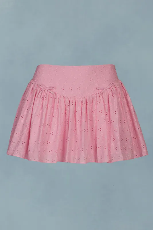 Bow-Detail Broderie Anglaise Mini Skirt in Soft Pink sold by Oh Polly
