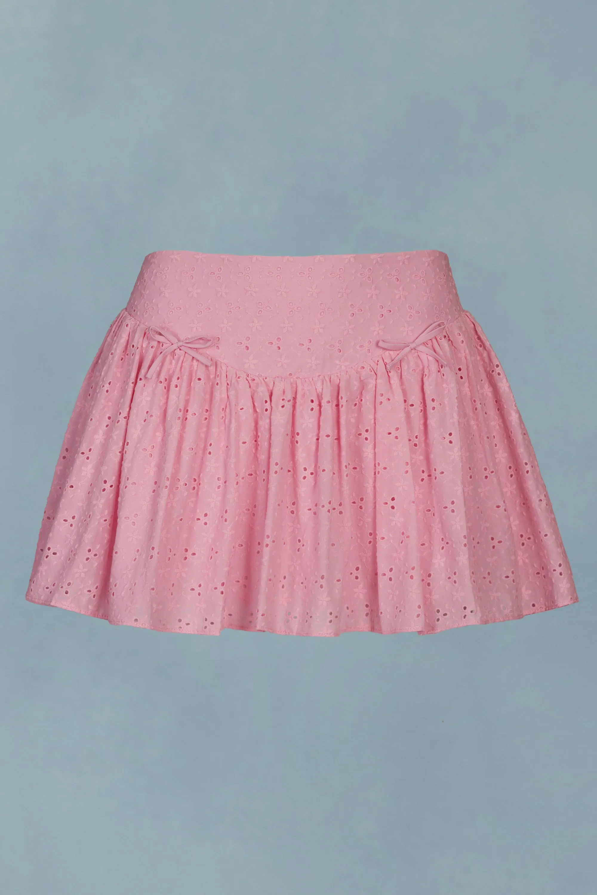 Bow-Detail Broderie Anglaise Mini Skirt in Soft Pink sold by Oh Polly
