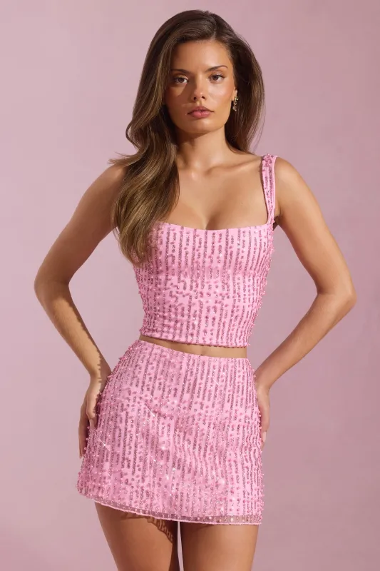 Embellished Low-Rise Mini Skirt in Pink sold by Oh Polly
