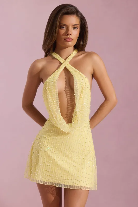 Embellished Cowl-Neck Backless Mini Dress in Yellow made by Oh Polly