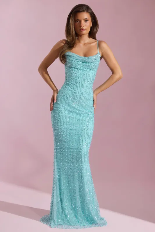 Embellished Cowl-Neck Backless Maxi Dress in Aqua Blue sold by Oh Polly