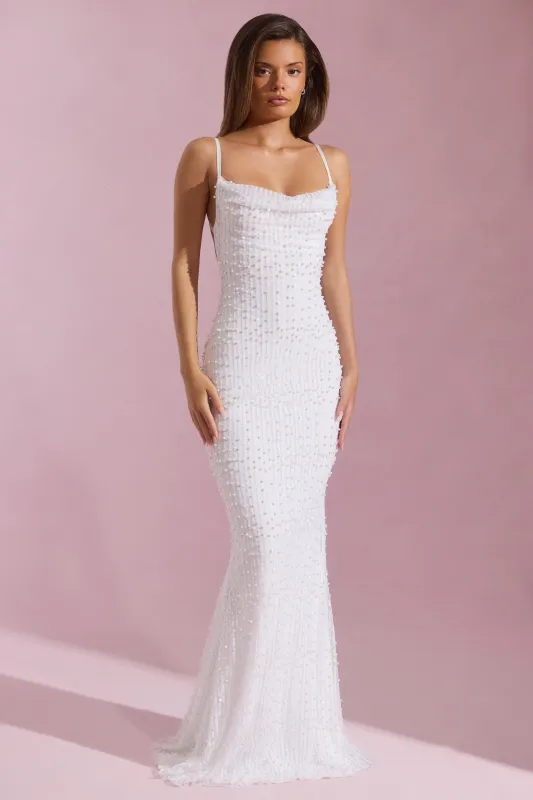 Embellished Cowl-Neck Backless Maxi Dress in White sold by Oh Polly