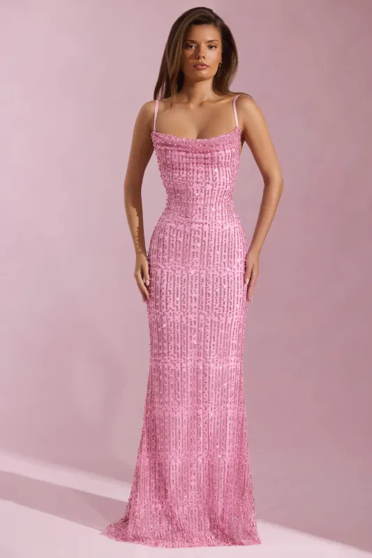Embellished Cowl-Neck Backless Maxi Dress in Pink sold by Oh Polly
