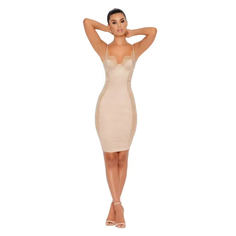 Win The Lace Satin Bustier Mini Dress in Champagne sold by Oh Polly