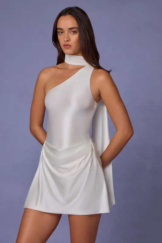 Asymmetric Scarf-Detail Mini Dress in White sold by Oh Polly