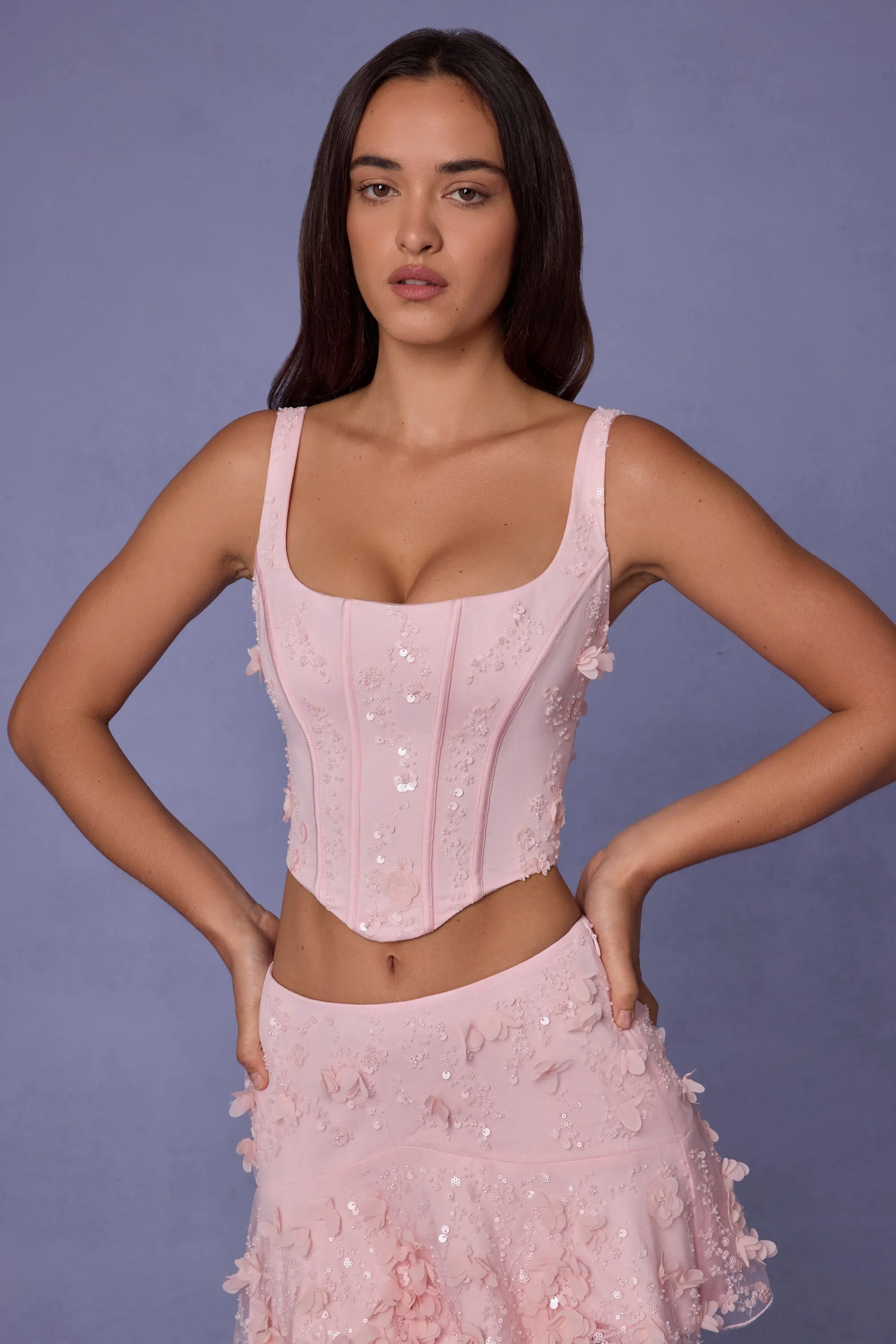 Embellished Lace-Up Corset Top in Soft Pink sold by Oh Polly