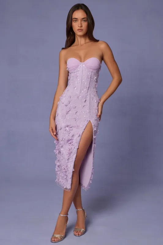 Lace-Up Corset Midaxi Dress with Split in Lilac sold by Oh Polly
