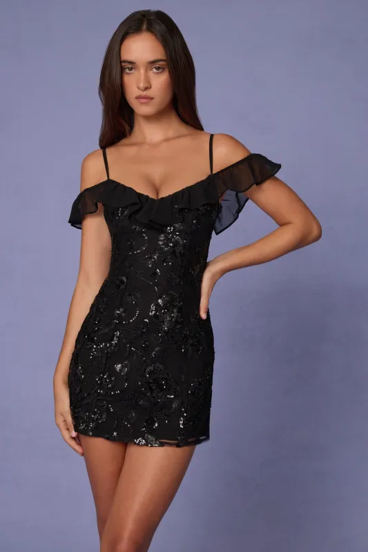 Embellished Lace-Up A-Line Mini Dress in Black sold by Oh Polly