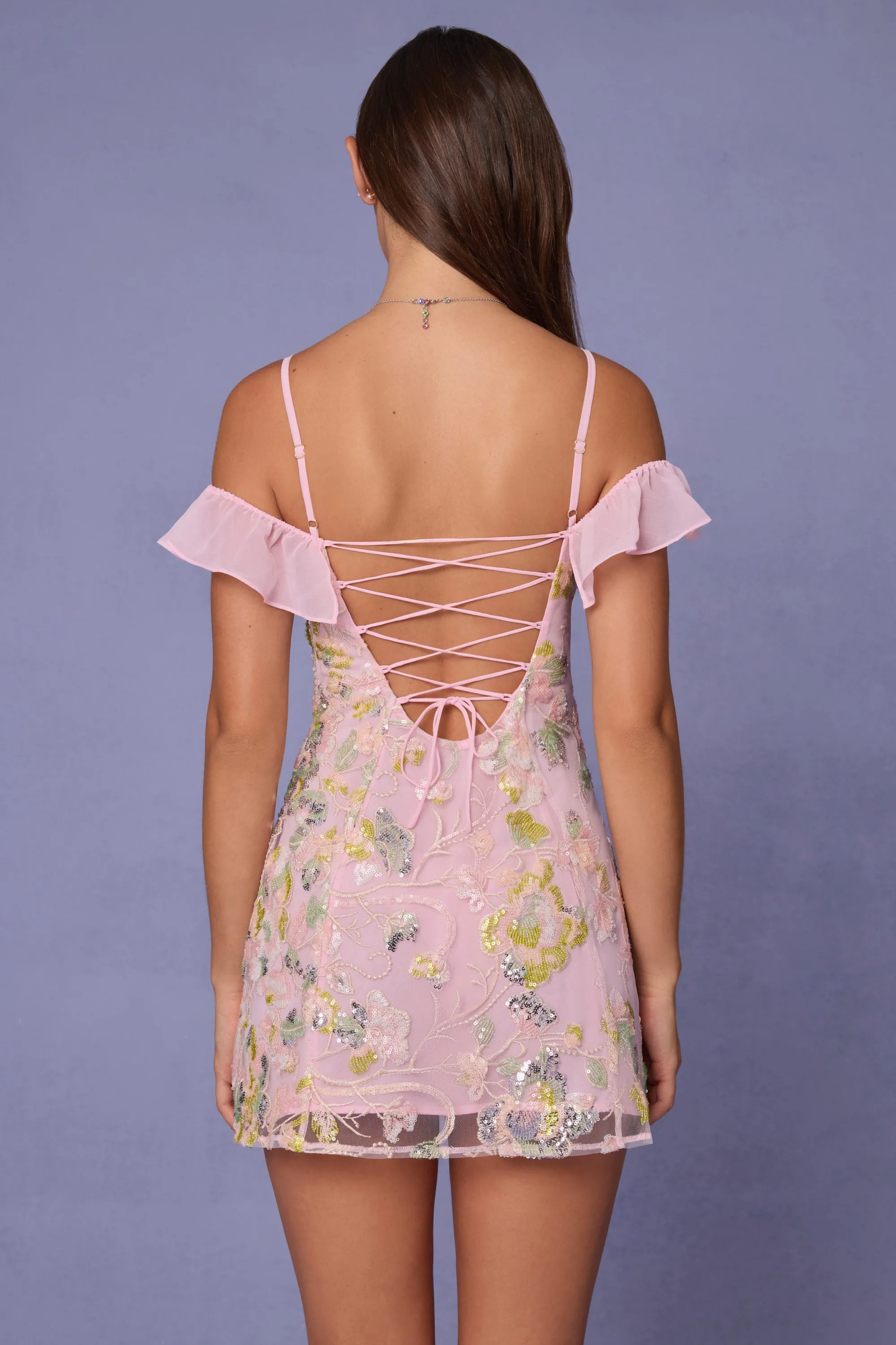 Embellished Lace-Up A-Line Mini Dress in Soft Pink sold by Oh Polly product image thumbnail 3