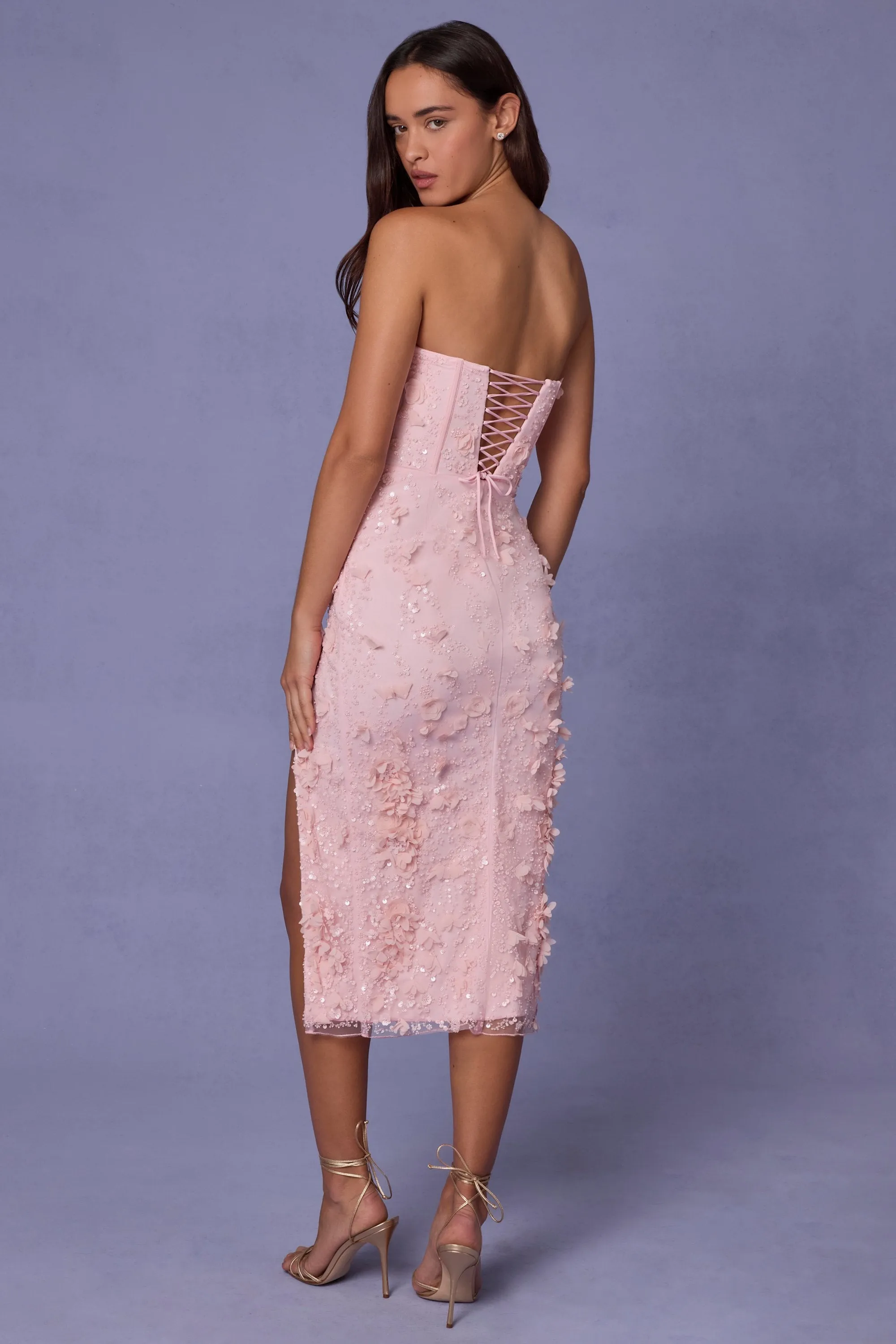 Lace-Up Corset Midaxi Dress with Split in Soft Pink sold by Oh Polly product image thumbnail 2