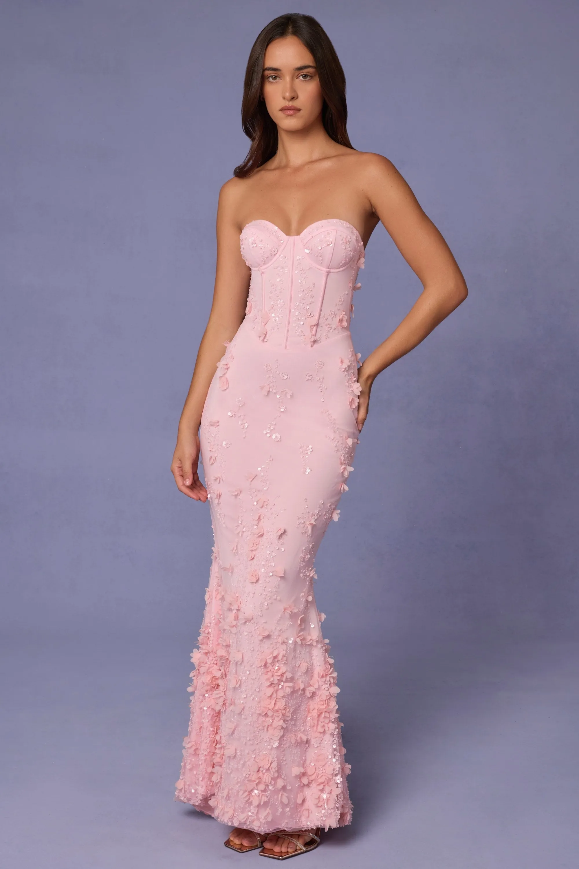 Lace-Up Corset Maxi Dress in Soft Pink sold by Oh Polly