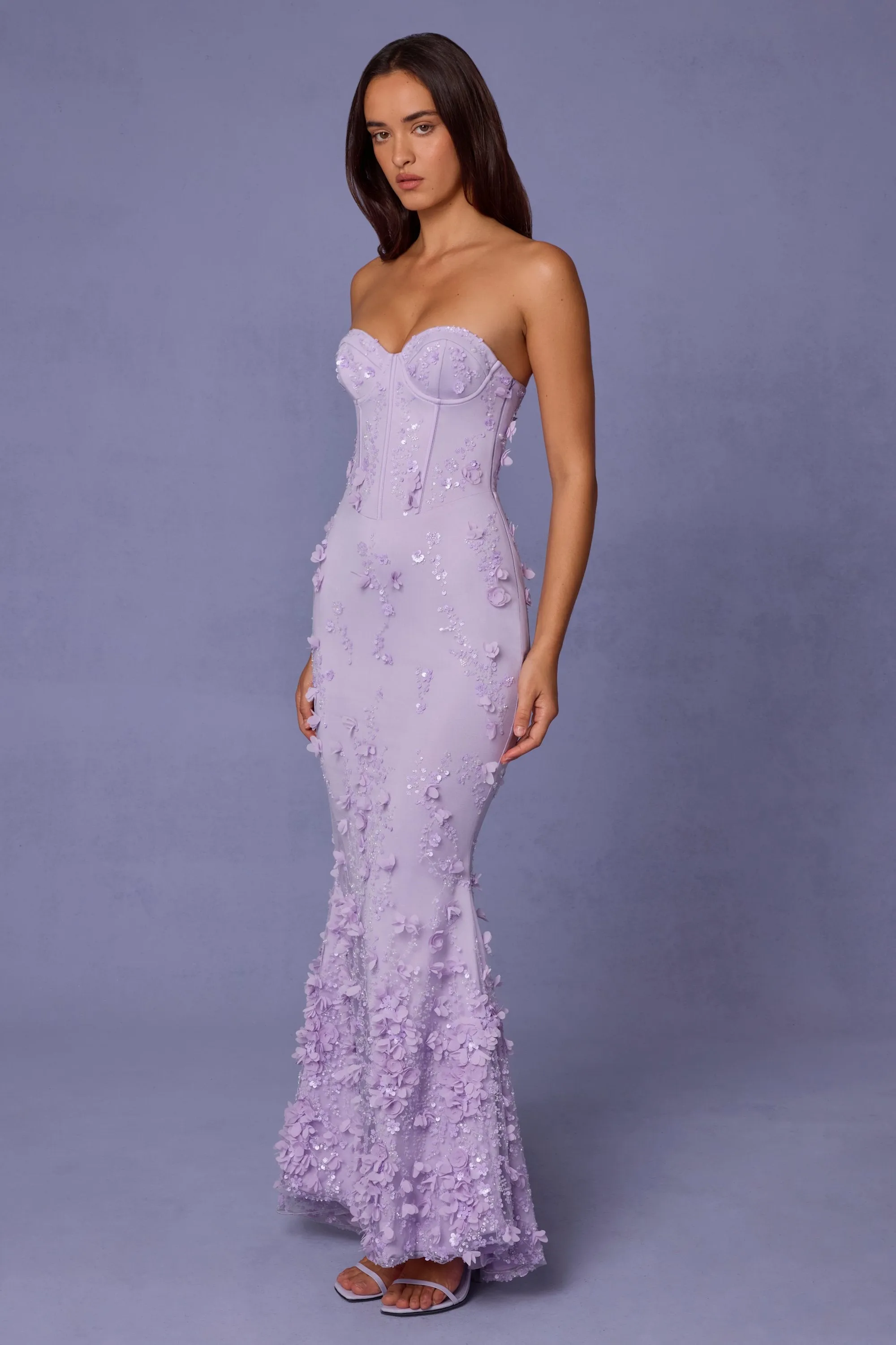 Lace-Up Corset Maxi Dress in Lilac sold by Oh Polly