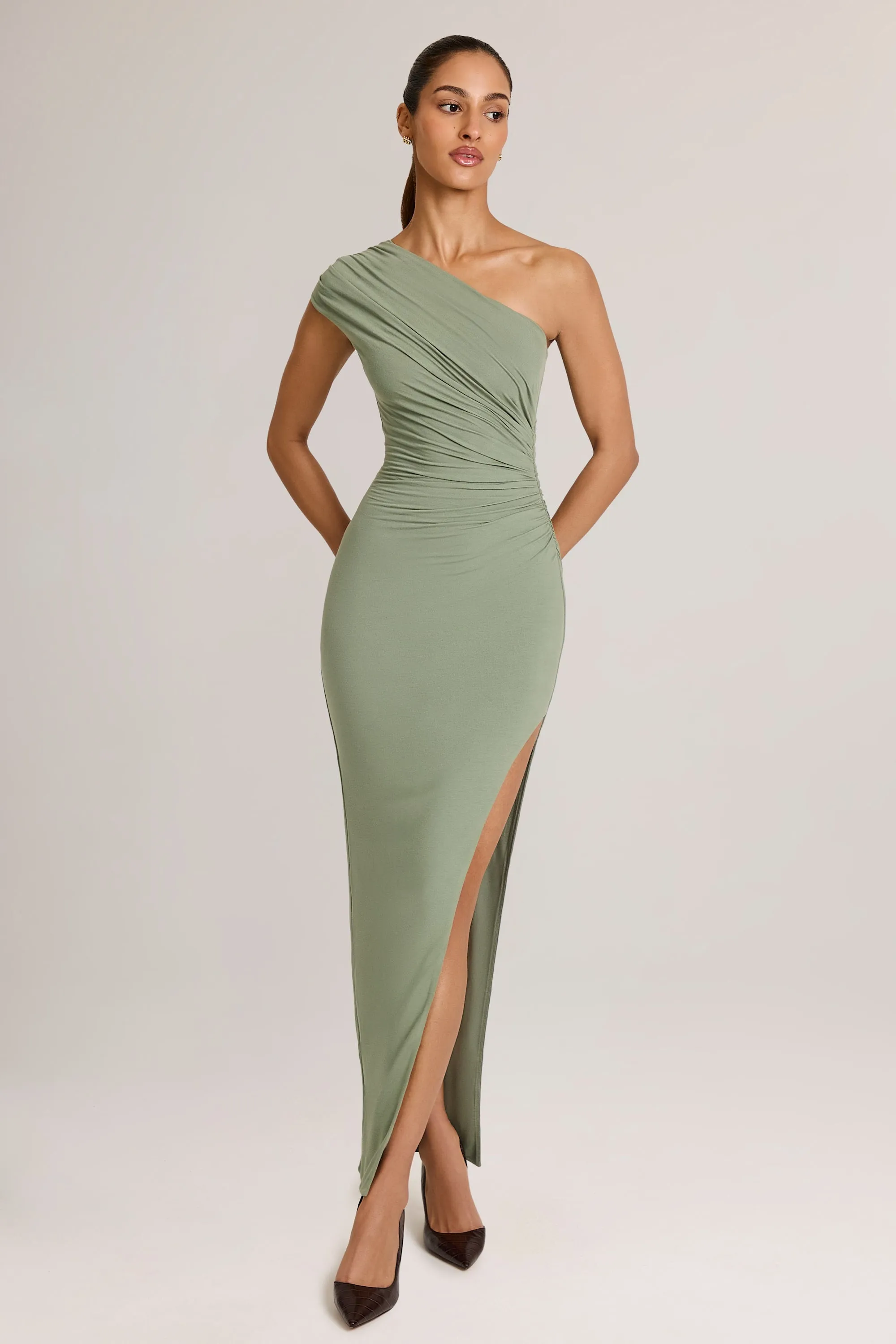 Modal Asymmetric Ruched Maxi Dress in Sage Green sold by Oh Polly product image thumbnail 4