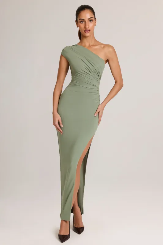 Modal Asymmetric Ruched Maxi Dress  in Sage Green sold by Oh Polly
