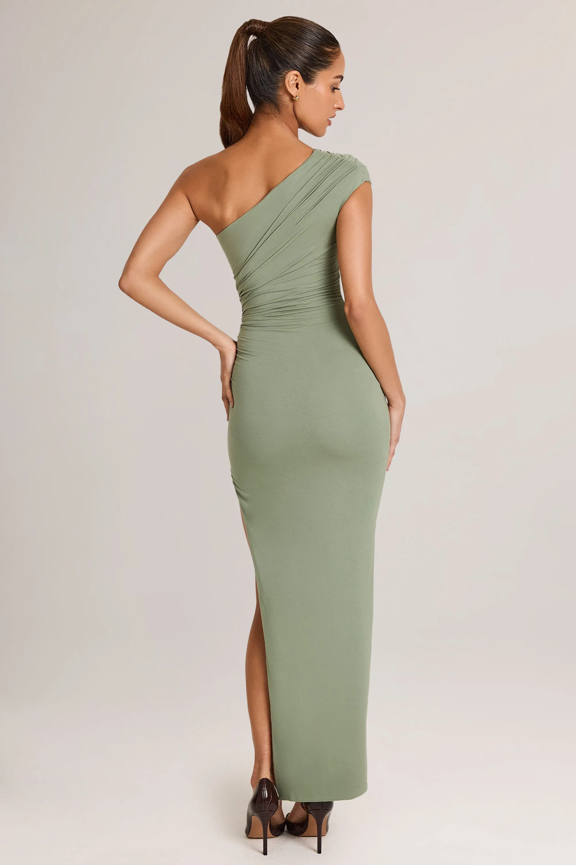Modal Asymmetric Ruched Maxi Dress in Sage Green sold by Oh Polly product image thumbnail 2