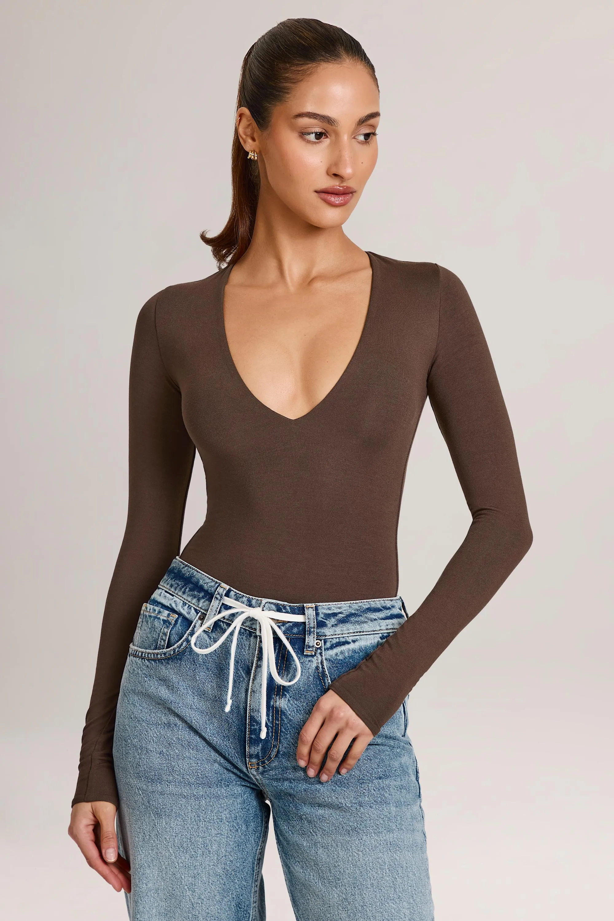 Modal Plunge Long-Sleeve Bodysuit in Chocolate Brown sold by Oh Polly product image thumbnail 5