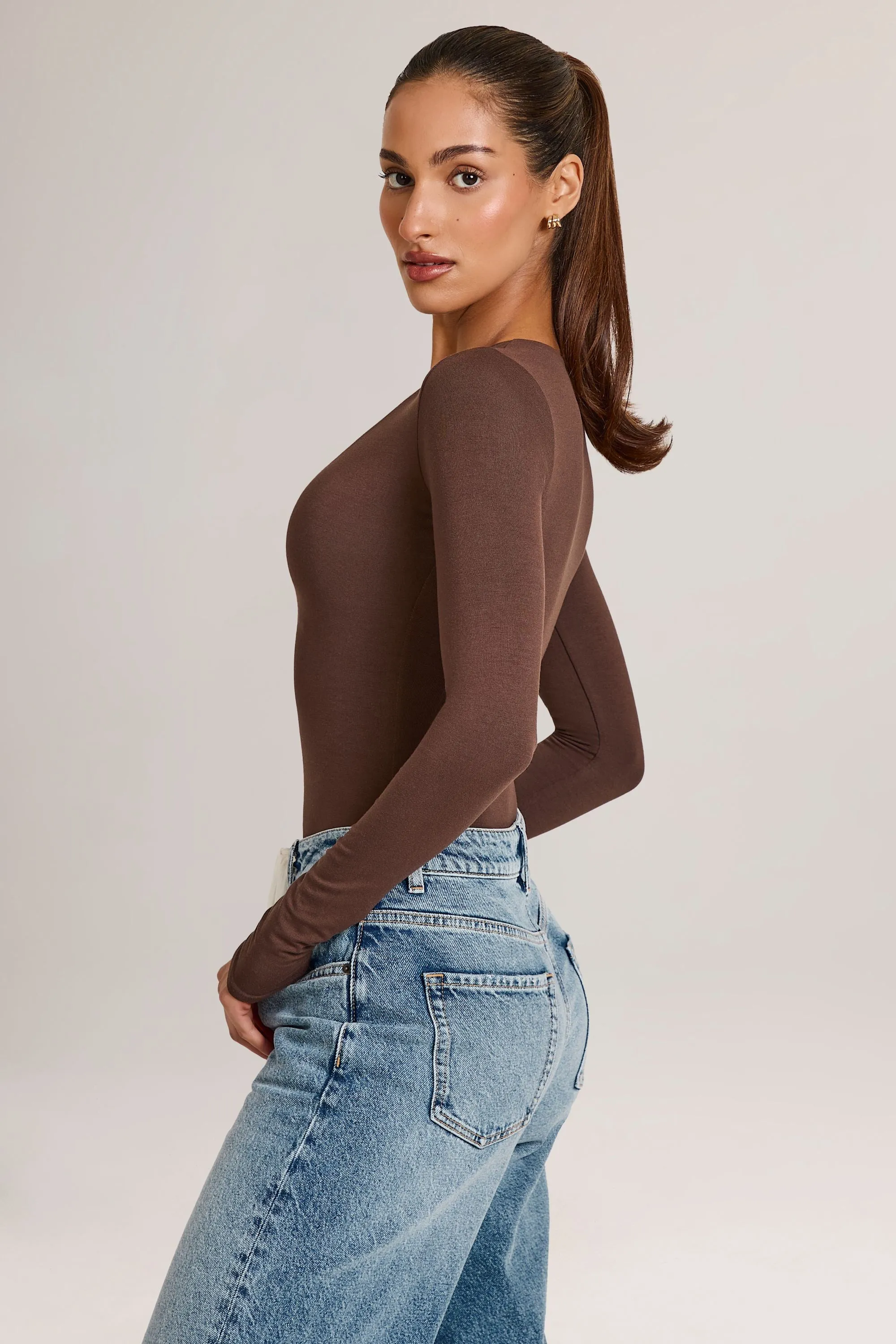 Modal Plunge Long-Sleeve Bodysuit in Chocolate Brown sold by Oh Polly product image thumbnail 3