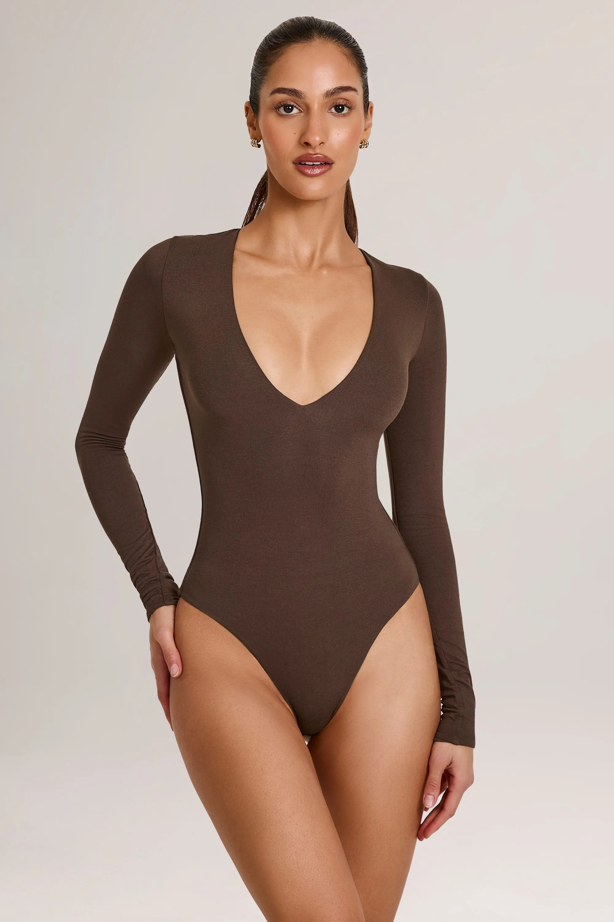 Modal Plunge Long-Sleeve Bodysuit in Chocolate Brown sold by Oh Polly product image thumbnail 4