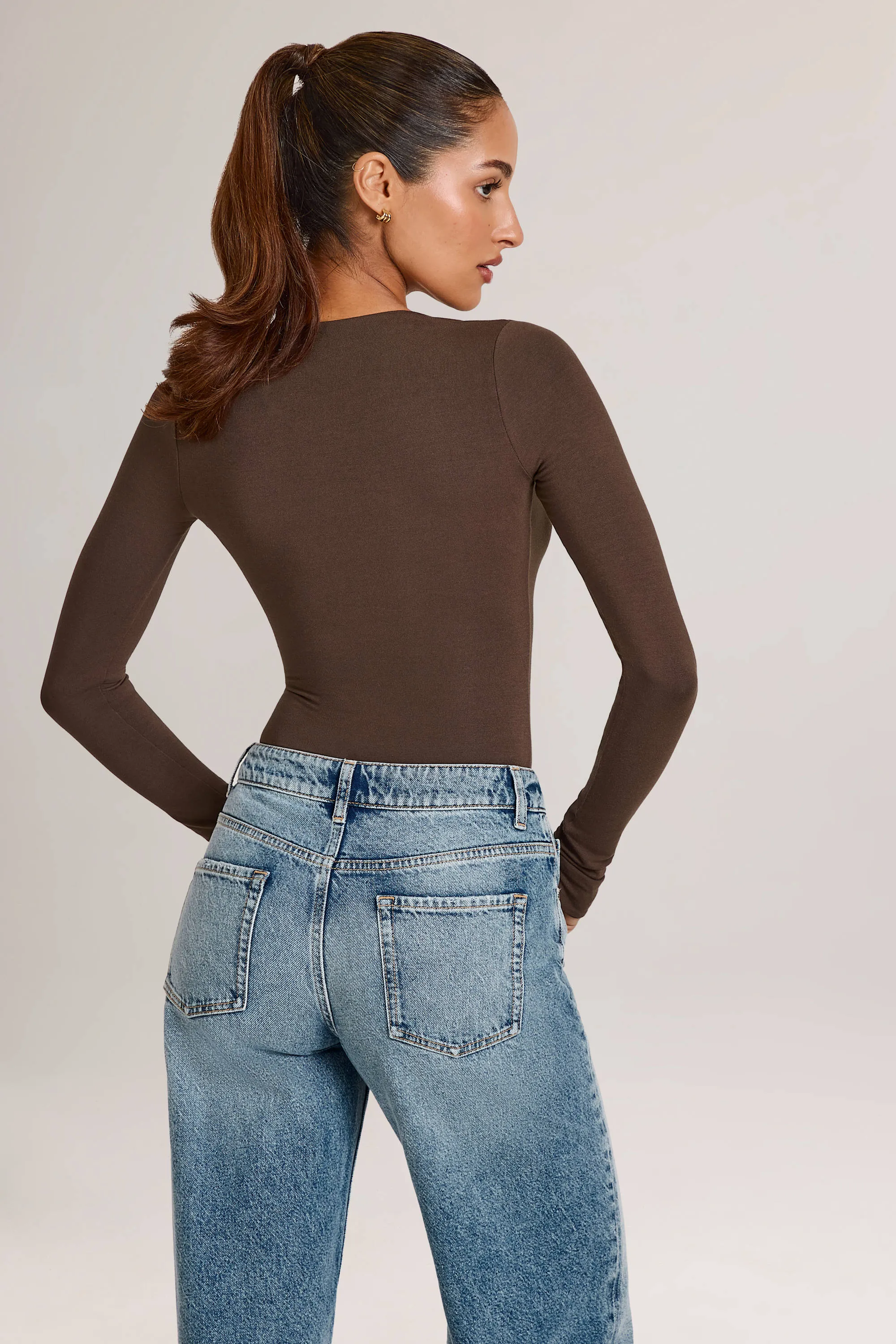 Modal Plunge Long-Sleeve Bodysuit in Chocolate Brown sold by Oh Polly product image thumbnail 2
