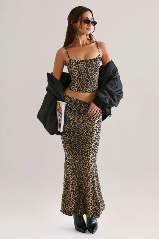 Modal Mid-Rise Fishtail Maxi Skirt in Leopard Print sold by Oh Polly