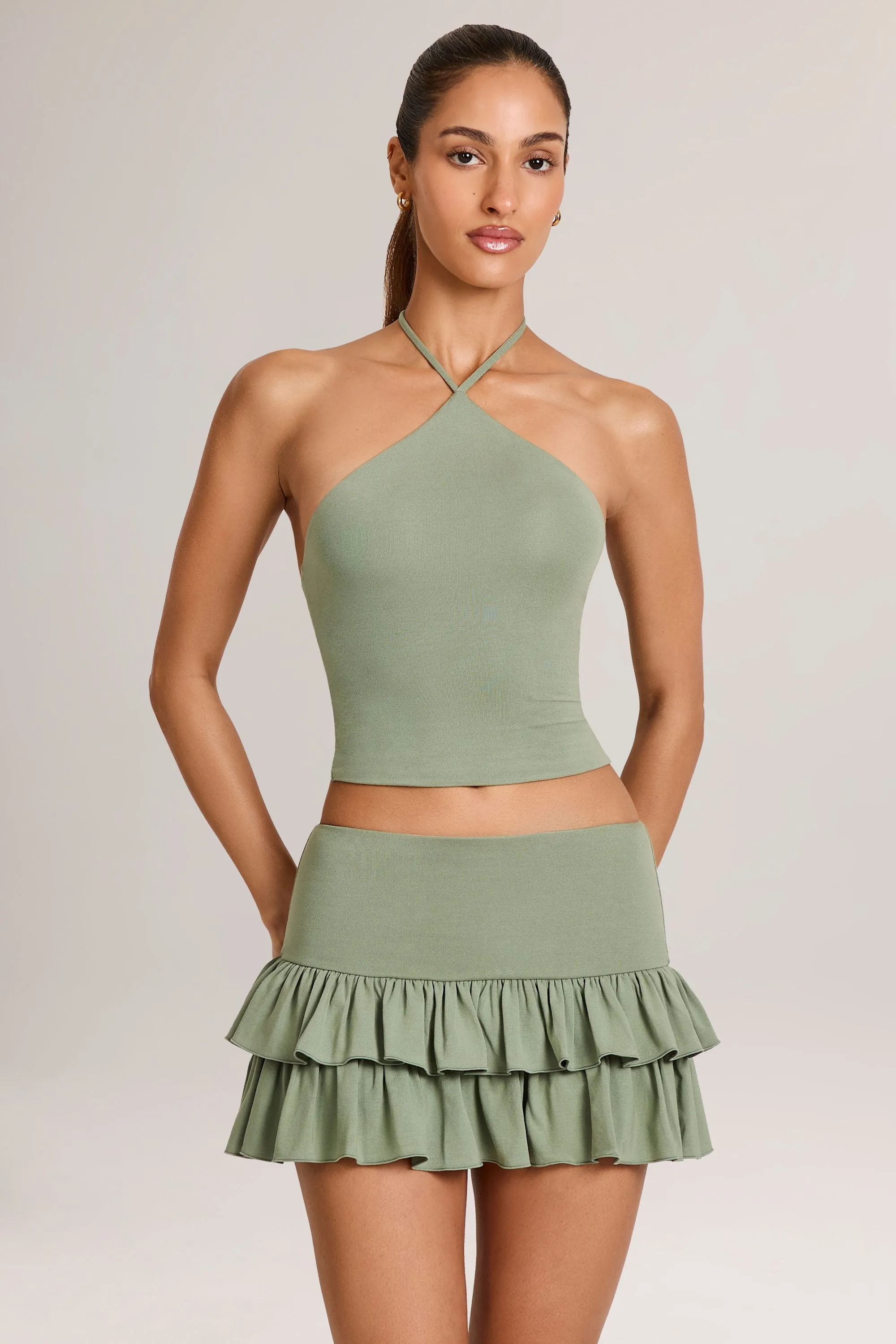 Modal Ruffle Mid-Rise Mini Skort in Sage Green sold by Oh Polly product image thumbnail 4