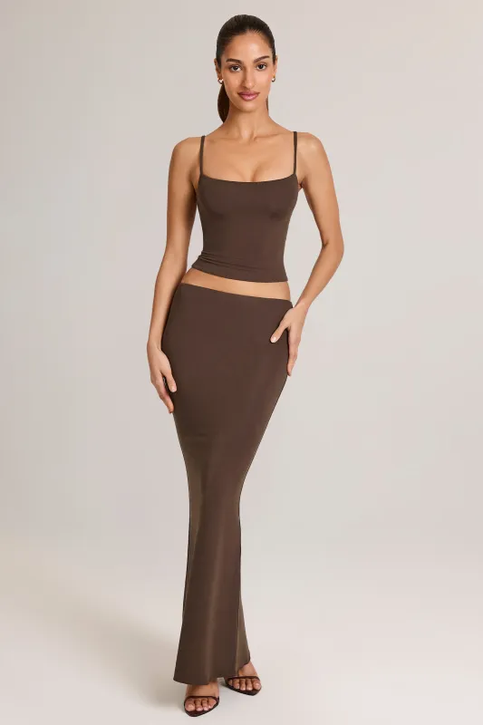 Modal Mid-Rise Fishtail Maxi Skirt in Chocolate Brown sold by Oh Polly