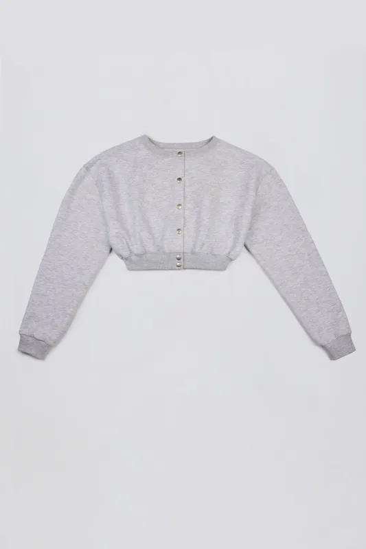 Premium Brushed Jersey Button-Up Cropped Cardigan in Grey Marl sold by Oh Polly