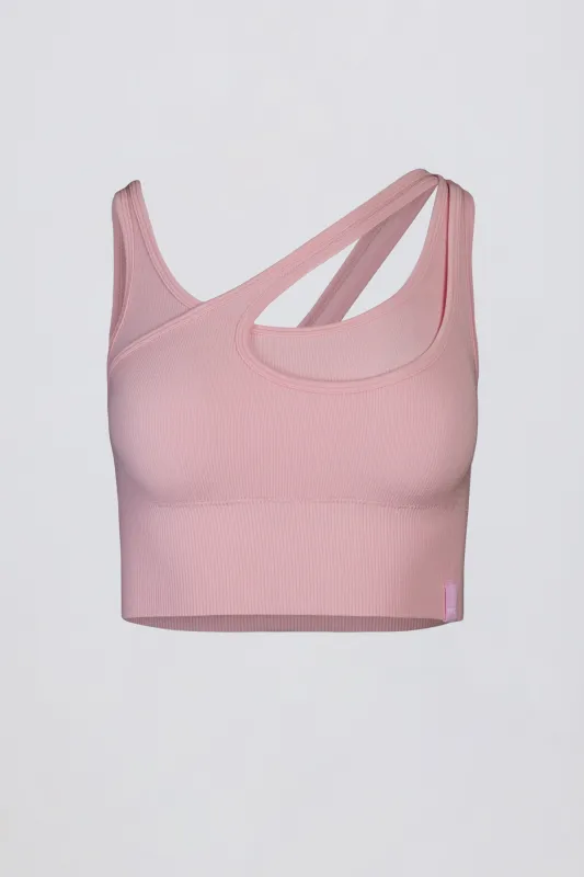 Seamless Soft Rib Asymmetric Sports Bra in Powder Pink made by Bo + Tee