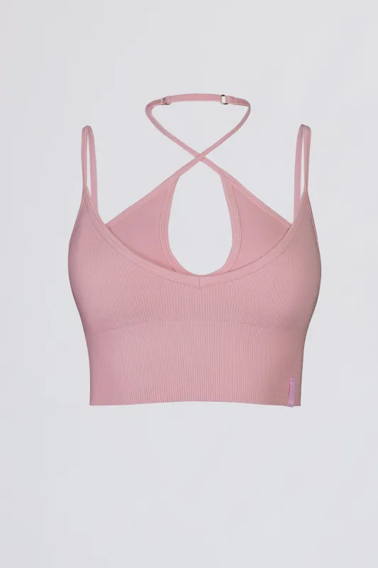 Seamless Soft Rib Crossover Sports Bra in Powder Pink made by Bo + Tee