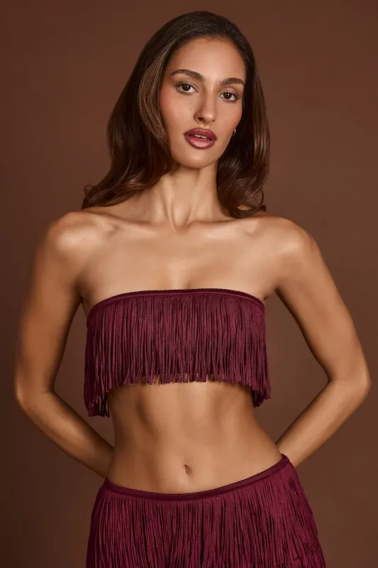 Fringed Bandeau Lace-up Crop Top in Wine Red sold by Oh Polly