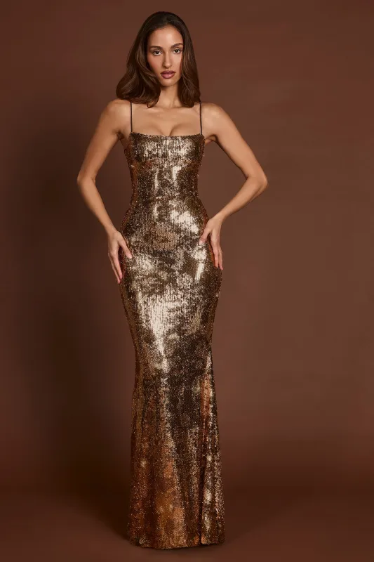 Embellished Straight-Neck Maxi Dress in Black Gold Foil made by Oh Polly