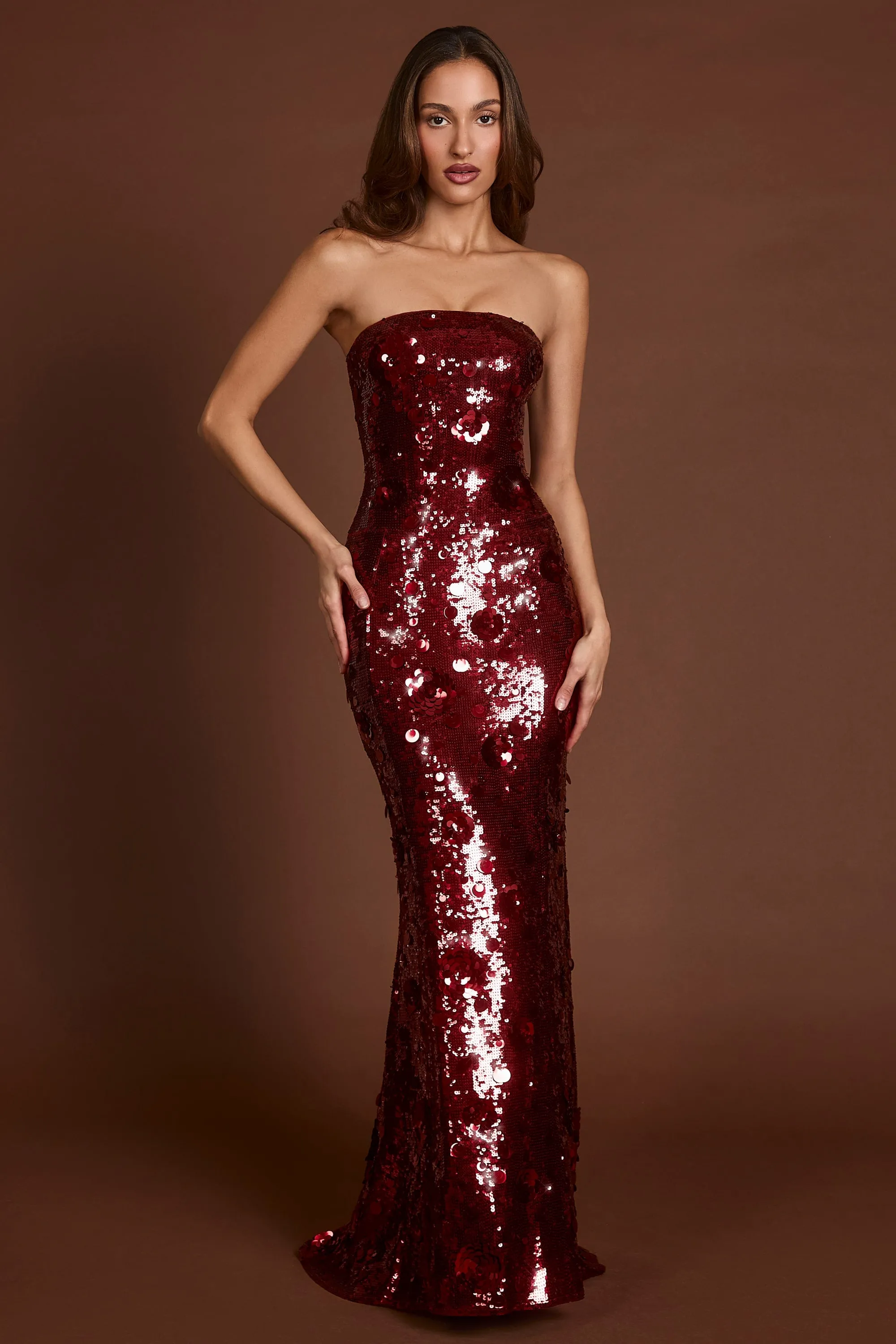 3D Embellished Bandeau Maxi Dress in Red | Parallel