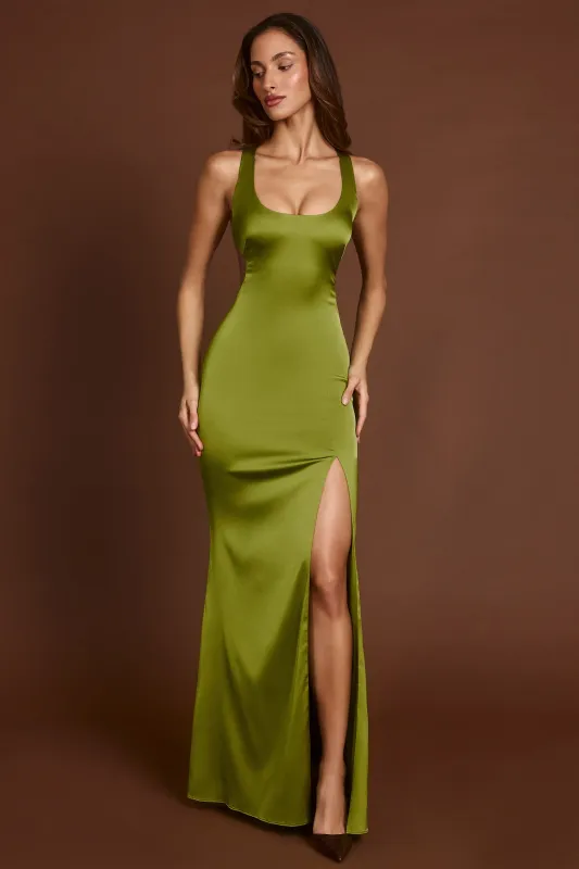 Scoop-Neck Lace-up Back Maxi Dress in Olive Green sold by Oh Polly
