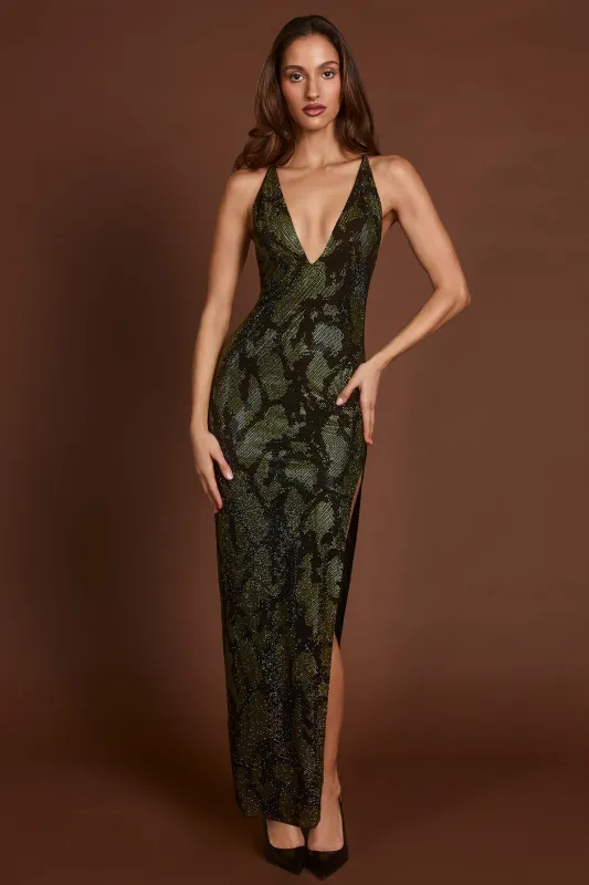 Embellished Halterneck Maxi Dress in Green Snake sold by Oh Polly
