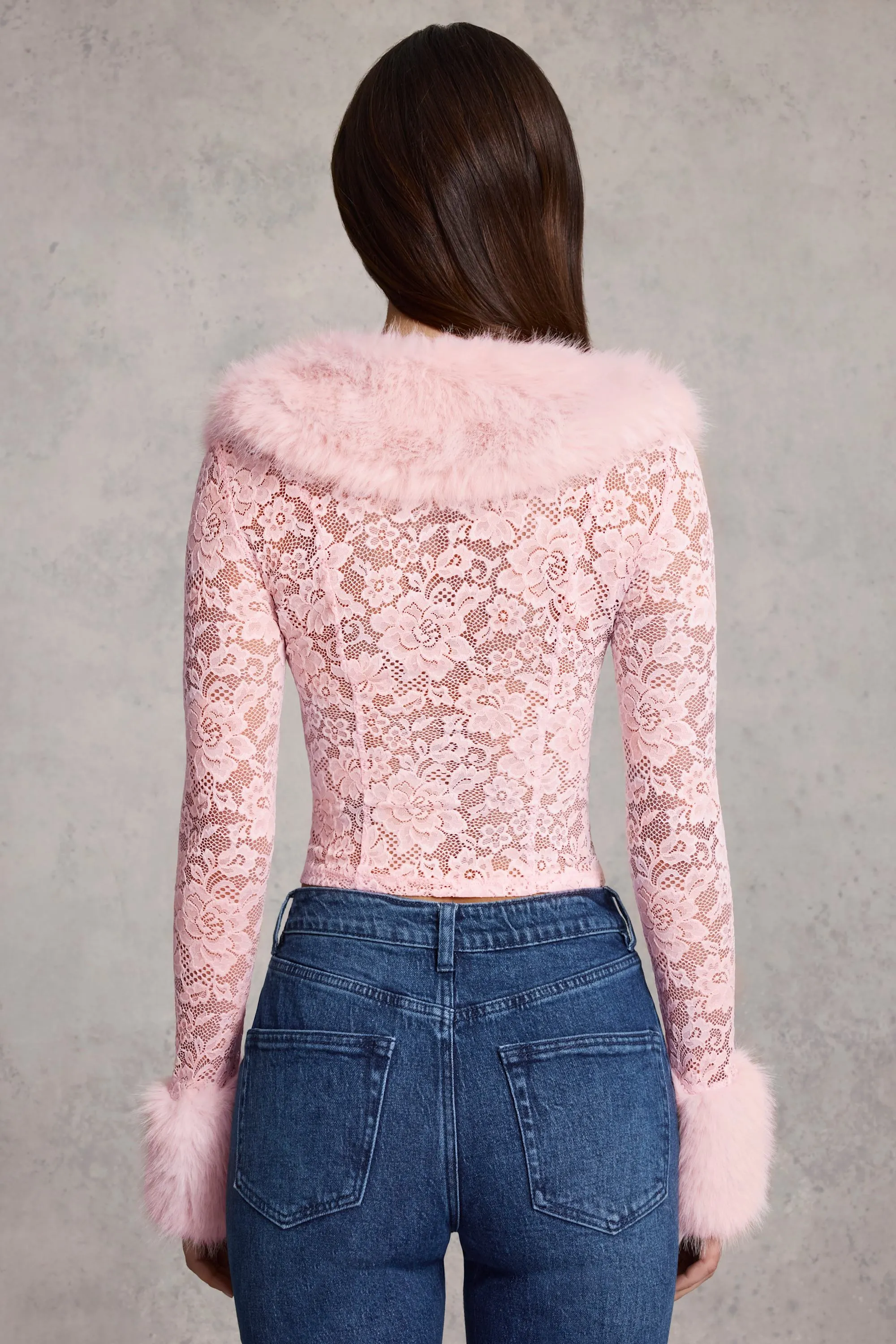 Faux Fur-Trim Lace Cardigan in Pink sold by Oh Polly product image thumbnail 2