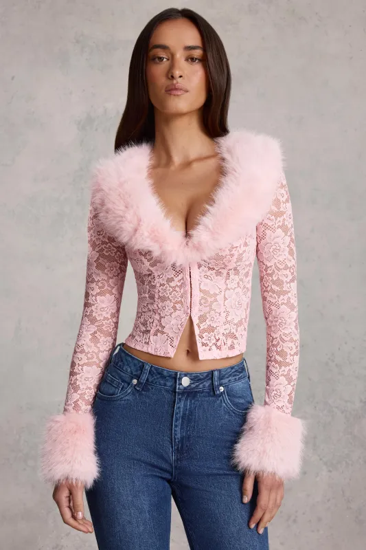 Faux Fur-Trim Lace Cardigan in Pink sold by Oh Polly