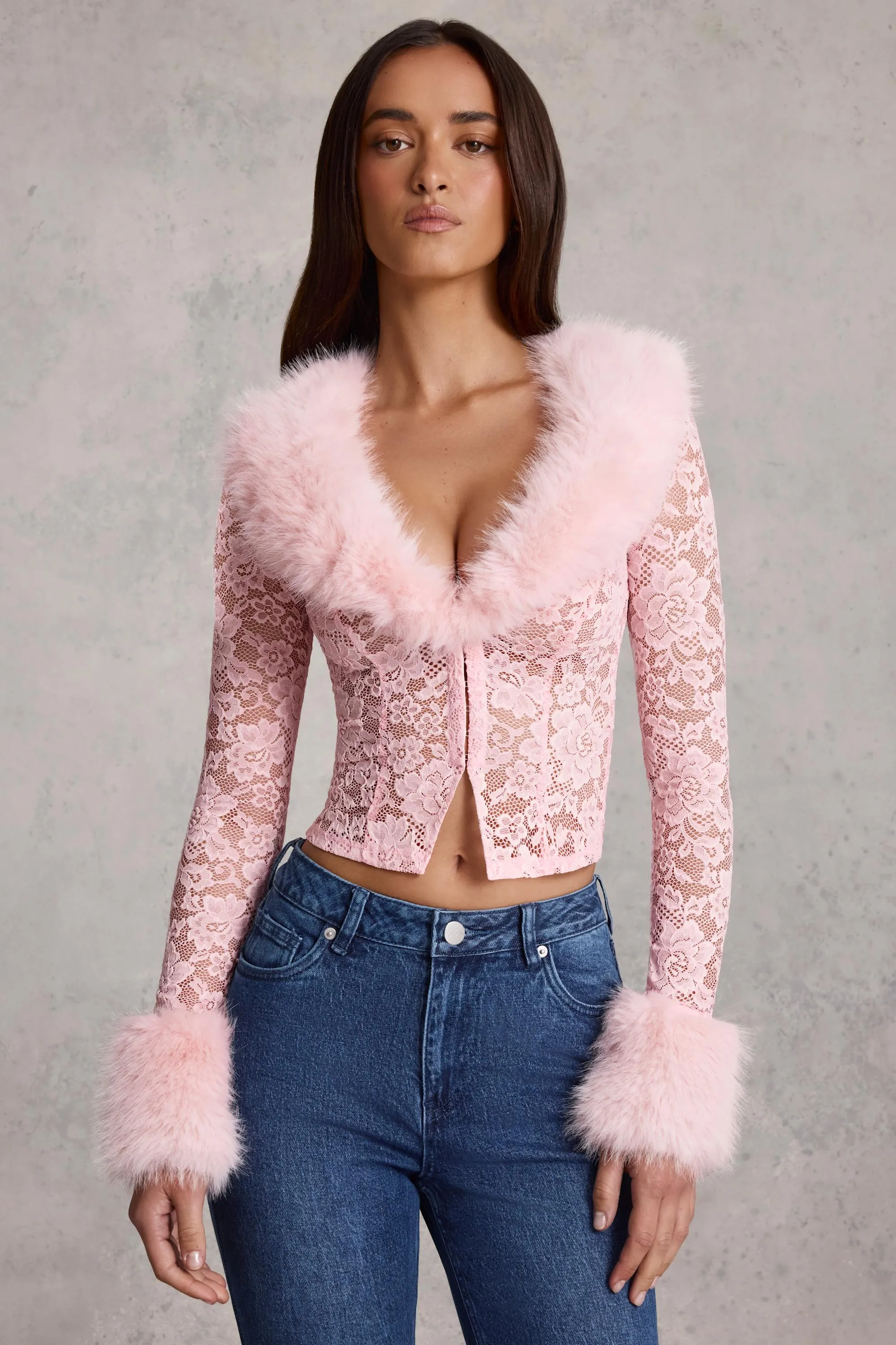 Faux Fur-Trim Lace Cardigan in Pink sold by Oh Polly