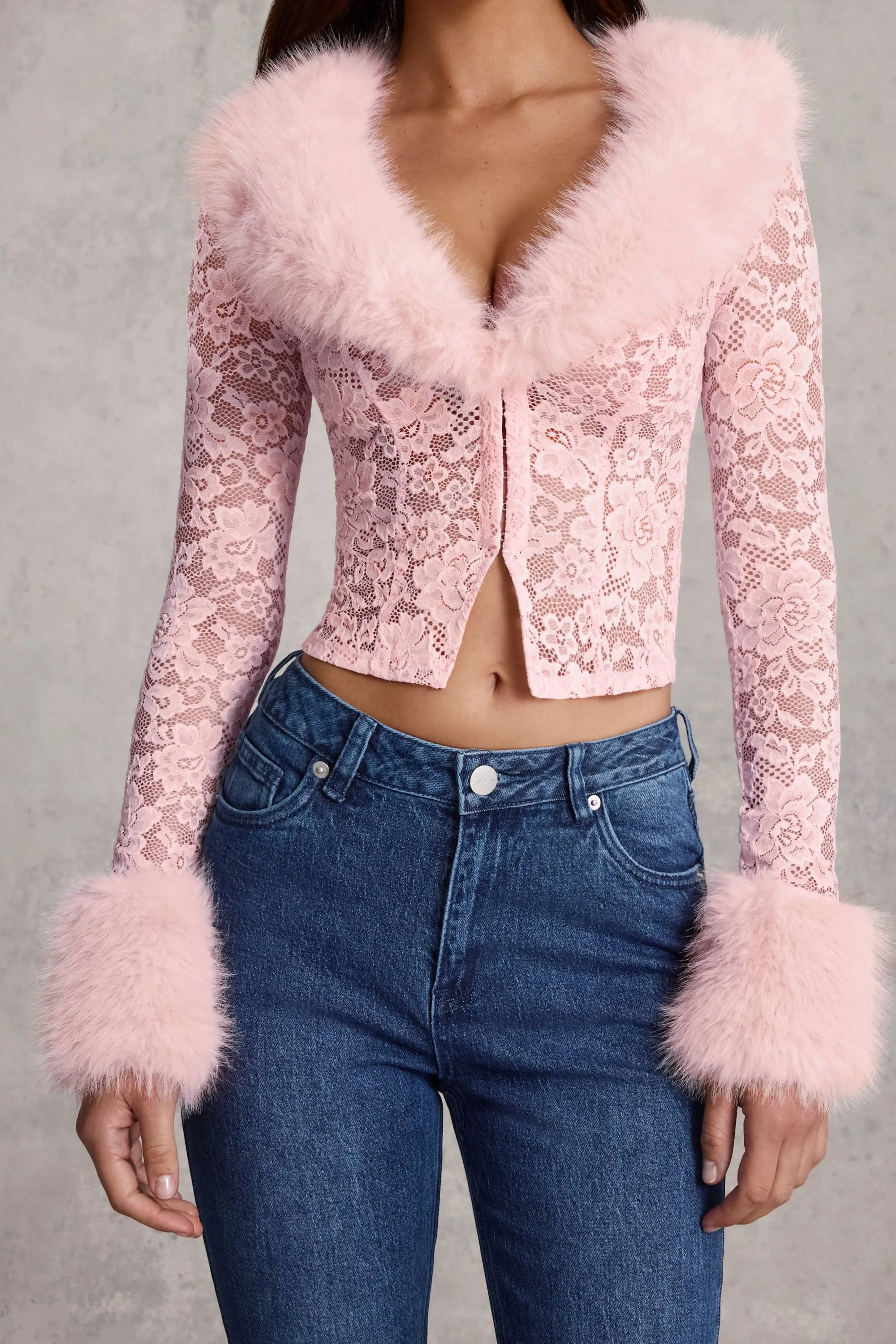 Faux Fur-Trim Lace Cardigan in Pink sold by Oh Polly product image thumbnail 4