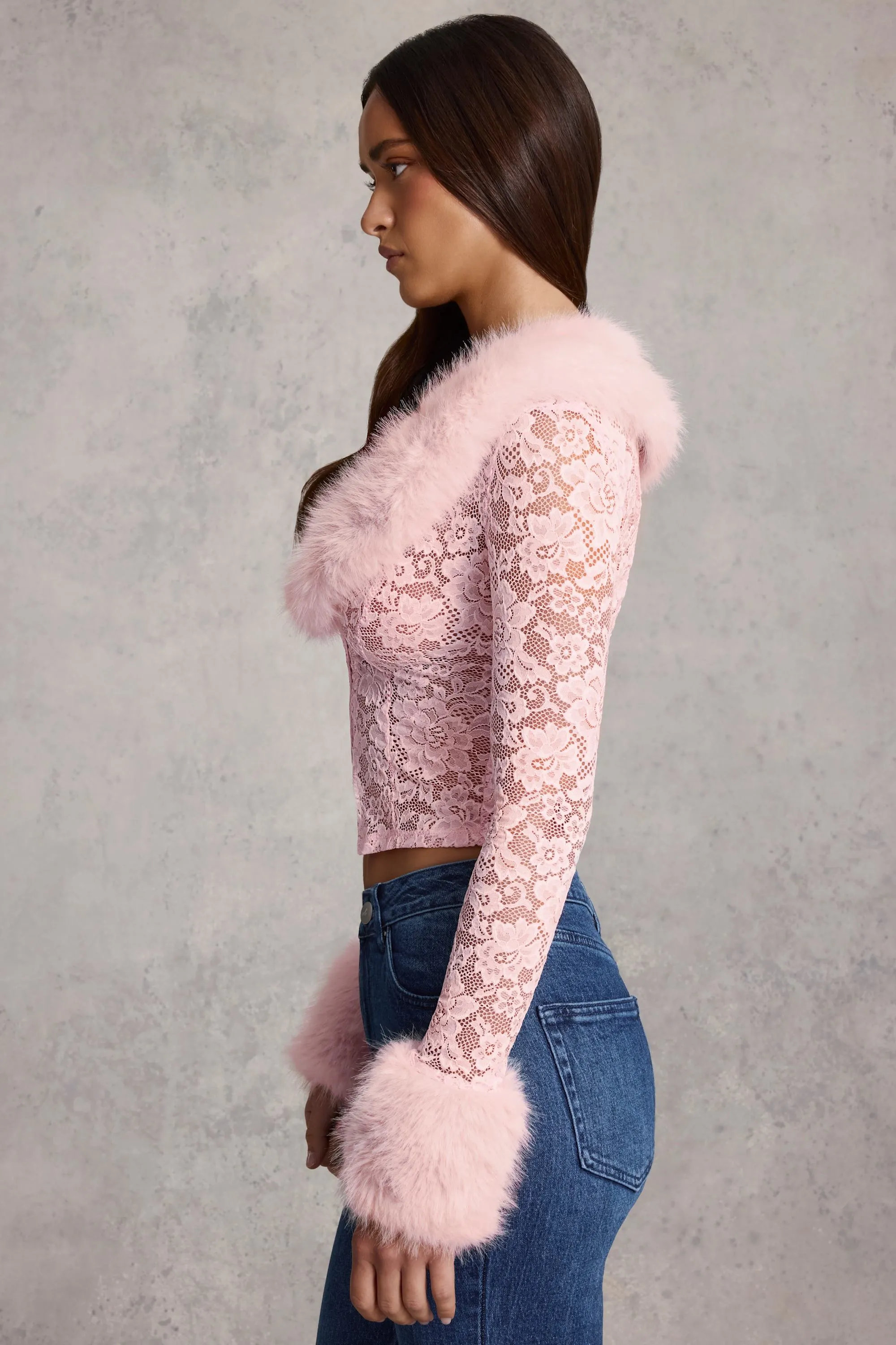 Faux Fur-Trim Lace Cardigan in Pink sold by Oh Polly product image thumbnail 3