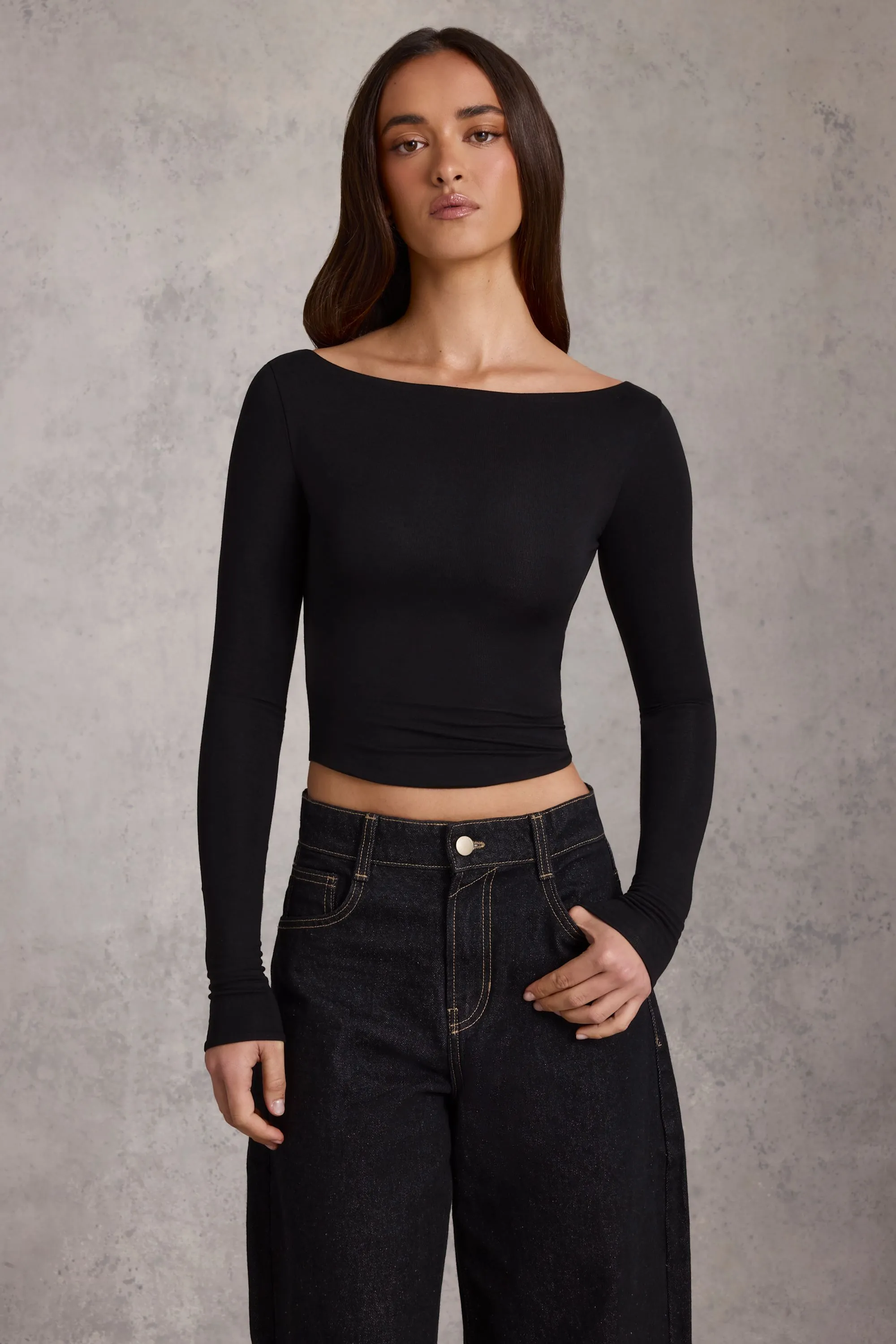 Modal Boat-Neck Long-Sleeve Top in Black sold by Oh Polly product image thumbnail 5