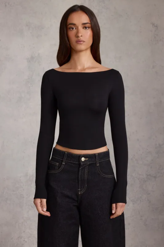 Modal Boat-Neck Long-Sleeve Top in Black sold by Oh Polly